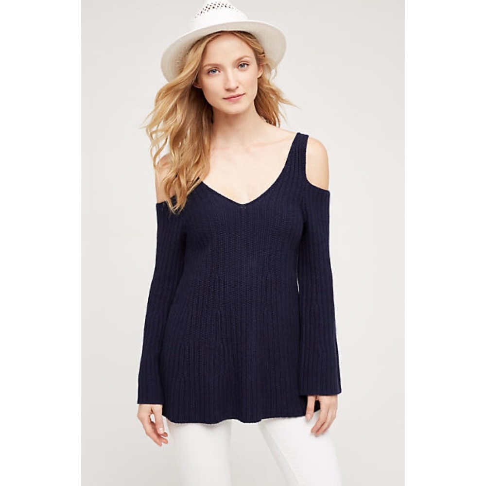 Knitted & Knotted Blue Cable Knit Cold Shoulder Sweater